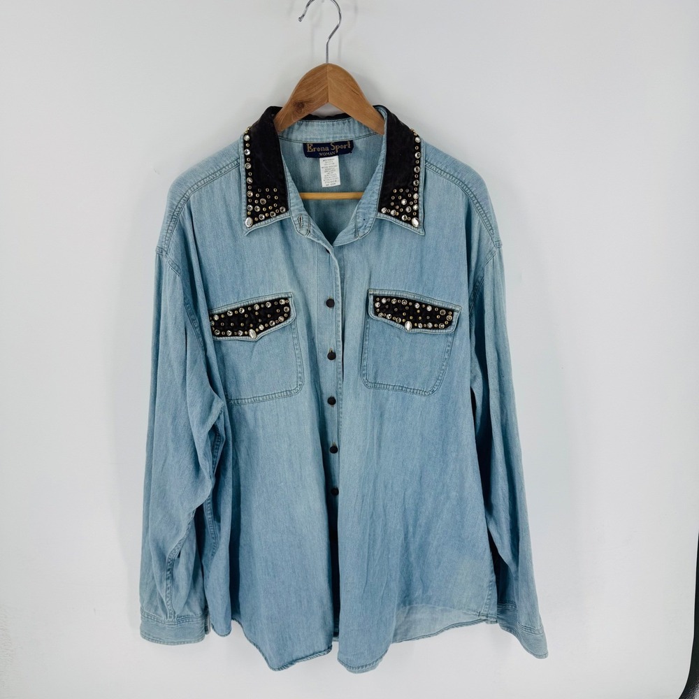 Erena‎ Sport Denim Shirt Suede Studded Pocket Western Indie Equestrian Size 22W